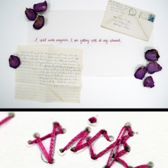 Collage with family letters, rose pedals, and stitching